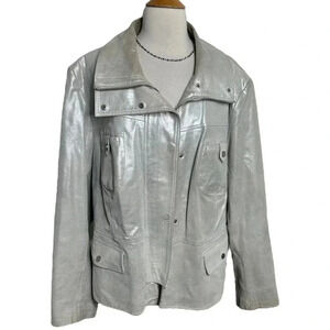 Bradley Bayou Metallic Silver leather moto biker with 4‎ front pockets size 2X